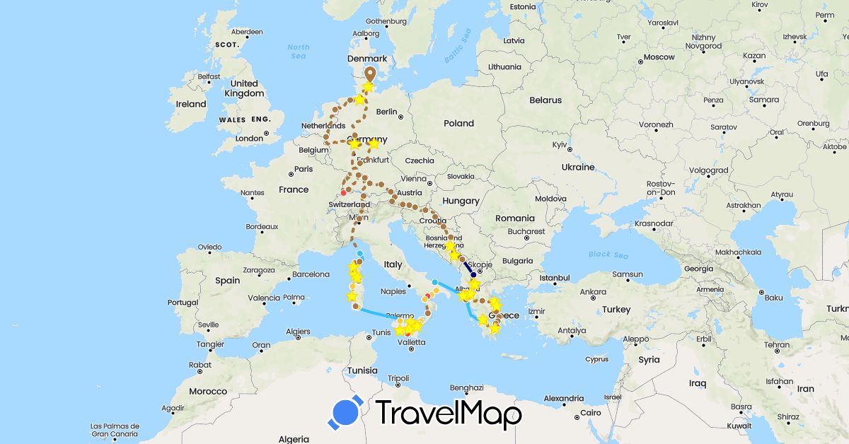 TravelMap itinerary: driving, hiking, boat, baloo, standplatz in Albania, Austria, Bosnia and Herzegovina, Switzerland, Germany, France, Greece, Croatia, Italy, Montenegro, Macedonia, Netherlands, Slovenia (Europe)